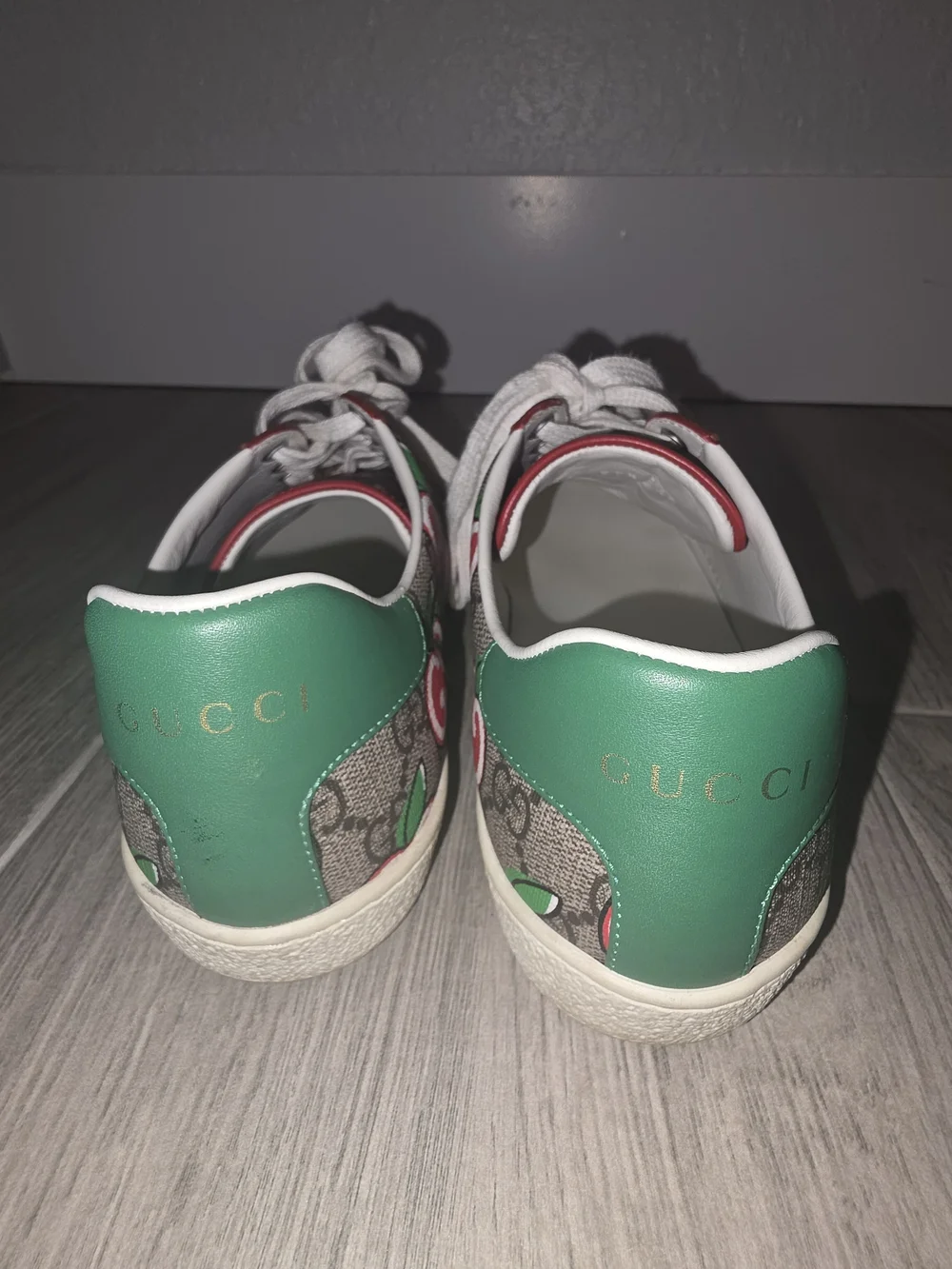 Gucci Brown GG Canvas Sneakers with Red Apple Motif and Green Heel